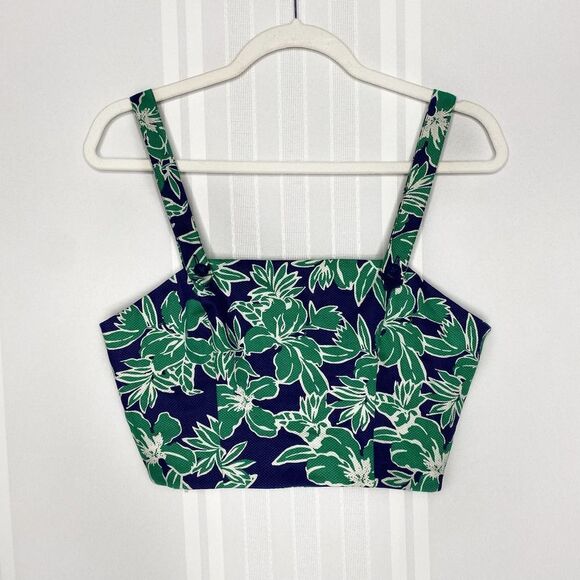 Forever 21 Floral Leaf Crop Top Tropical Sleeveless Medium Blue Green Bandeau - Picture 1 of 10